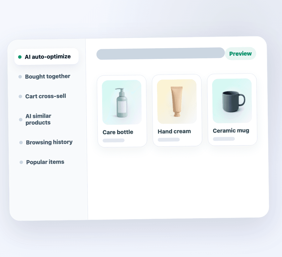Pick from eleven recommendation strategies including AI auto-optimize.