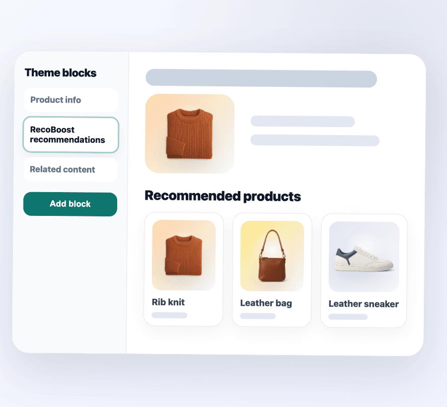 Add a RecoBoost block in the theme editor without code edits.